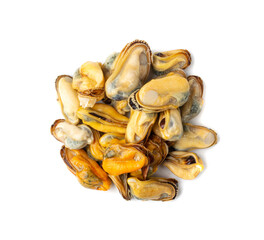 Mussels Pile Isolated, Unshelled Clams, Peeled Mussels, Open Shellfish, Seafood on White Background