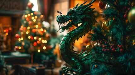 Chinese green dragon on the background of the New Year holiday. Christmas tree toy. AI generated