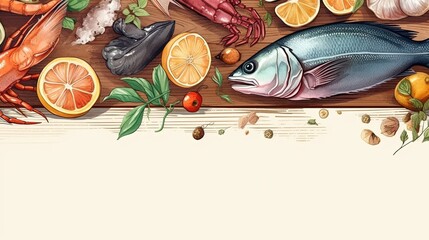 Fresh seafood watercolor illustration on light background: oysters, mussels, shrimp. Perfect for menu or advertising materials. Generative ai.