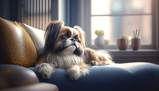 Adorable Shih Tzu Dog Relaxing in Luxurious Modern Apartment. Generative AI