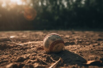 Baseball resting on dirt home plate of baseball field. Generative AI - obrazy, fototapety, plakaty