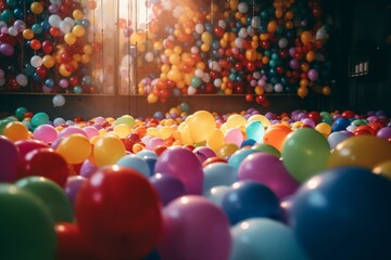 Fototapeta na wymiar Many bright balloons for birthday party float free. Generative AI