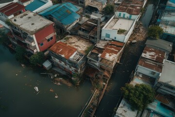 Fototapeta na wymiar A bird's-eye view of flood-ravaged structure in urban area. Generative AI