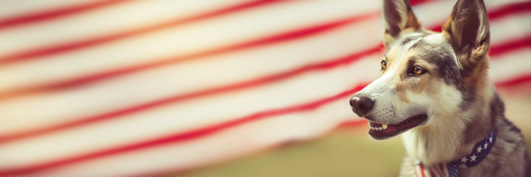 Cute dogg on American flag banner. Independence Day or flag day. Generative AI illustration