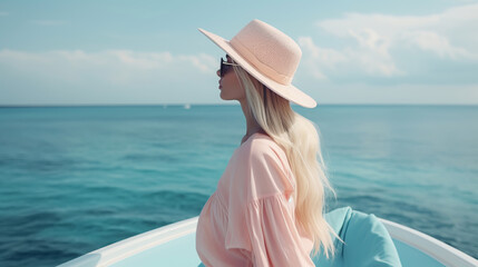 Back view of young woman relaxing on boat and looking at ocean. Generative AI illustration