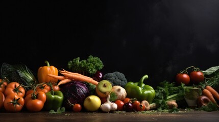 Fresh Veggie Border! Organic vegetables on  natural black background. Ideal for healthy food designs. Generative ai