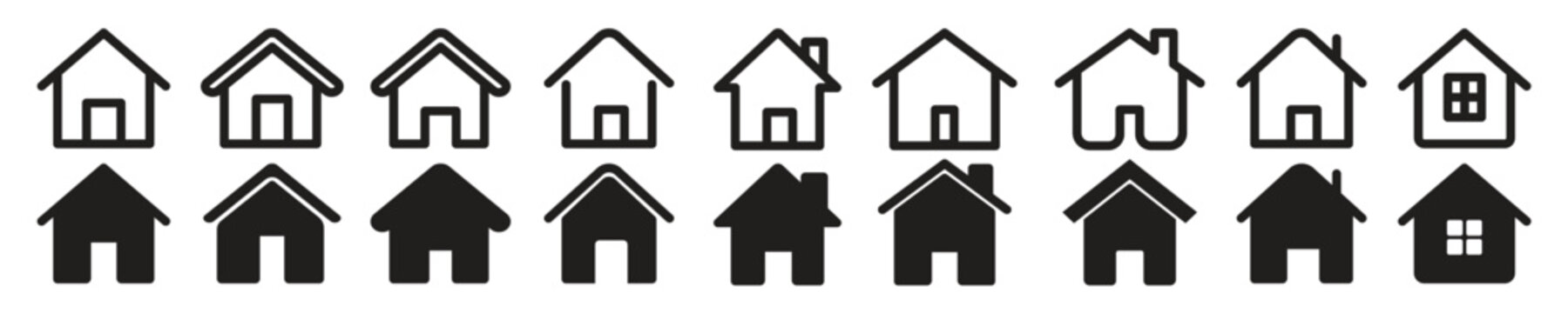 Home icon thin outline vector set in flat line style. homepage icon set in filled and outlined. house icon vector. Black home icons collection for web or app ui design. 