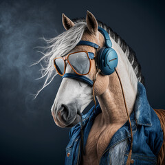 a horse dressed in a denim jacket listens to music with headphones Generative AI