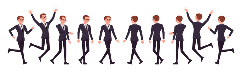 Handsome businessman set, walk, run, jump poses. Office man, busy male manager in formal suit outfit, tie for work, event, occasion. Vector flat style cartoon character isolated, white background