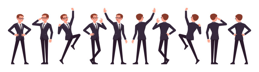 Handsome businessman set, positive emotions poses. Office man, busy male manager in formal suit outfit, tie for work, event, occasion. Vector flat style cartoon character isolated, white background