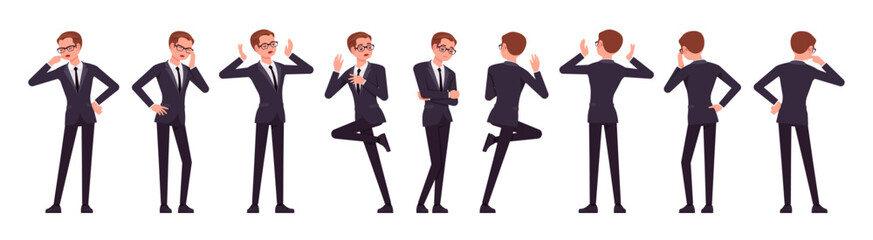 Handsome businessman set, negative emotions poses. Office man, busy male manager in formal suit outfit, tie for work, event, occasion. Vector flat style cartoon character isolated, white background