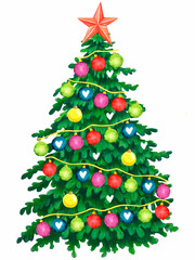 watercolor illustration of christmas tree with toys