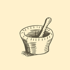 Mortar and pestle hand drawn sketch vector illustration.