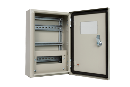 Metal panel for electrical equipment, isolated on a white background