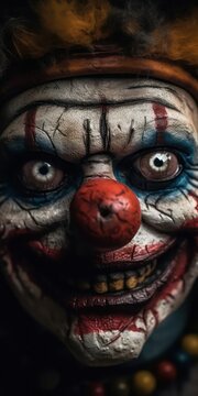 Evil, ugly clown looking at the camera. Generative AI