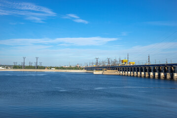 Fototapeta na wymiar View of the Volga embankment and the hydroelectric power station. Volgograd, Russia