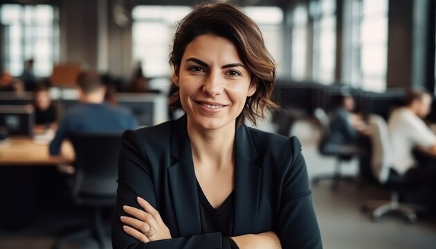 Attractive businesswoman woman posing at her work place with coworkers in the background. Generative AI