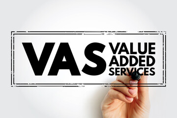 VAS Value-Added Services - popular telecommunications industry term for non-core services, beyond standard voice calls, acronym text stamp concept background - obrazy, fototapety, plakaty