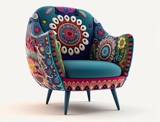 Blue bohemian style armchair with patterned upholstery, boho generative ai seat design isolated on white background