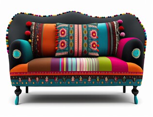 Striped vintage bohemian style couch with many pillows, ethnic generative ai sofa idea with white background