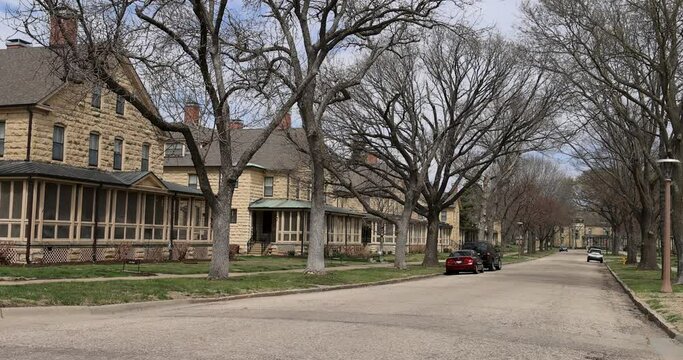 Fort Riley Kansas historic officer homes street. Fort Riley United States Army installation Kansas. Established 1853, historic Civil War, Indian fighting, home of First Infantry Division Big Red One.