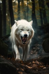 Obraz na płótnie Canvas White wolf in the forest. Portrait of a wild wolf. Generative AI