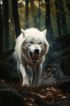 White wolf in the forest. Portrait of a wild wolf. Generative AI