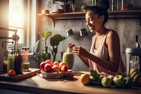 Young woman preparing a healthy smoothie in the kitchen