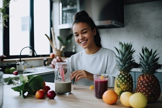 Young mixed ethnicity woman preparing a healthy smoothie in the kitchen