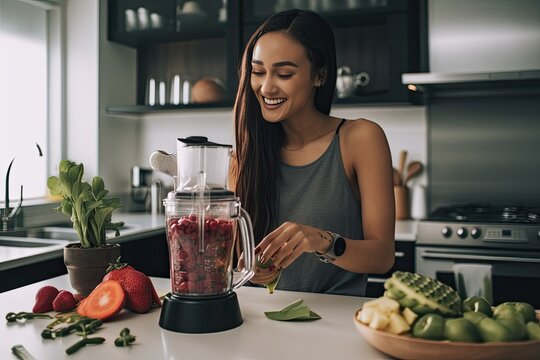 Young mixed ethnicity woman preparing a healthy smoothie in the kitchen