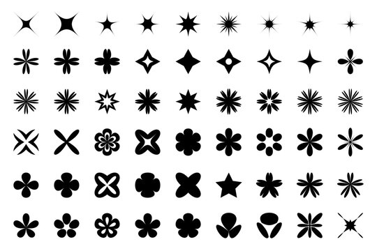 Abstract geometric shapes collection. Vector set of different brutal minimalistic black design elements. Contemporary aesthetic basic Y2K figures - stars, crosses and flowers silhouettes. 