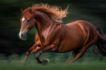Brown horse gallops gracefully on green grass. Generative AI