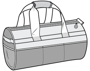 barrel type sports two handled duffle bag flat sketch vector illustration technical cad drawing template