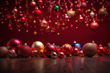 Festive Christmas Ornaments on Red Background
