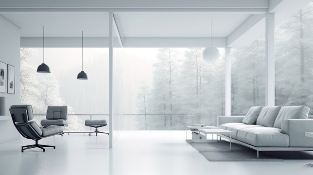 Scandinavian living room, simple white space with minimal accents, winter forest visible through large vindows, AI generative modern stylish interior