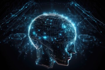 Illustration of futuristic head - the concept of network, artificial intelligence, data,  and blockchain. AI generative
