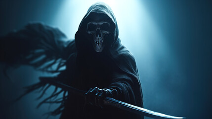 Hooded grim reaper with scythe in dark. Generative AI