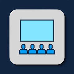 Filled outline Cinema auditorium with screen icon isolated on blue background. Vector