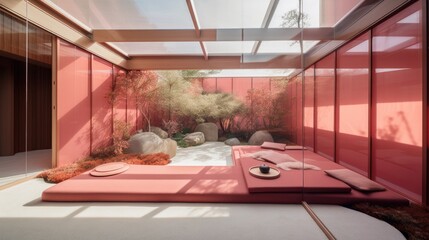 Transparent luxury house to never be locked up, with red decor. Generative AI Technology 