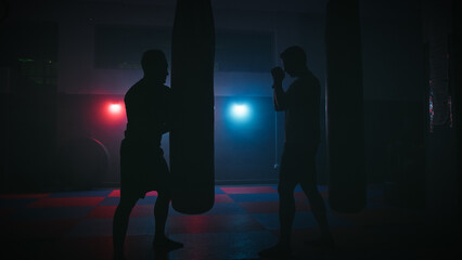 Fototapeta na wymiar Boxing gym with red and blue lights