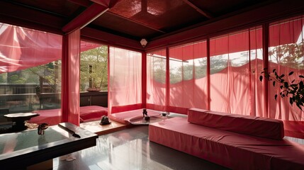 Transparent luxury house to never be locked up, with red decor. Generative AI Technology 