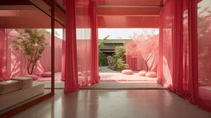 Transparent luxury house to never be locked up, with red decor. Generative AI Technology 