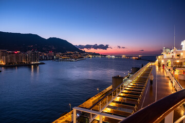 Fototapeta na wymiar The rock of Gibraltar shot at sunrise from open deck of cruise liner