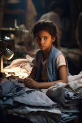 Obraz na płótnie Canvas A young girl working in a sweatshop, surrounded by piles of fabric and sewing machines. Child labor and exploitation. Generative AI