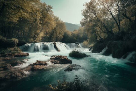 A stunning and clear waterfall in an untouched landscape. Generative AI
