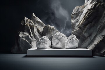 Blank white podium with rock backdrop where products can be displayed. Generative AI