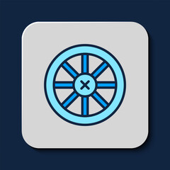 Filled outline Old wooden wheel icon isolated on blue background. Vector