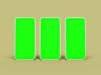 Three white Unbranded Smartphones with green screens that can be easily changed. Design for UI/UX Product Showcase. 3D Render