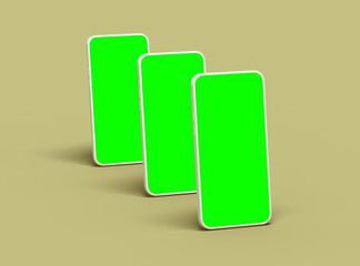 Three white Unbranded Smartphones with green screens that can be easily changed. Design for UI/UX Product Showcase. 3D Render