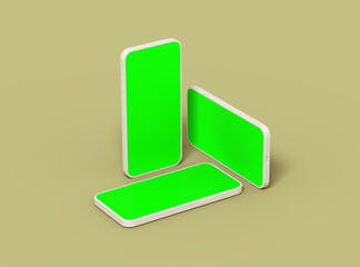 Three white Unbranded Smartphones with green screens that can be easily changed. Design for UI/UX Product Showcase. 3D Render